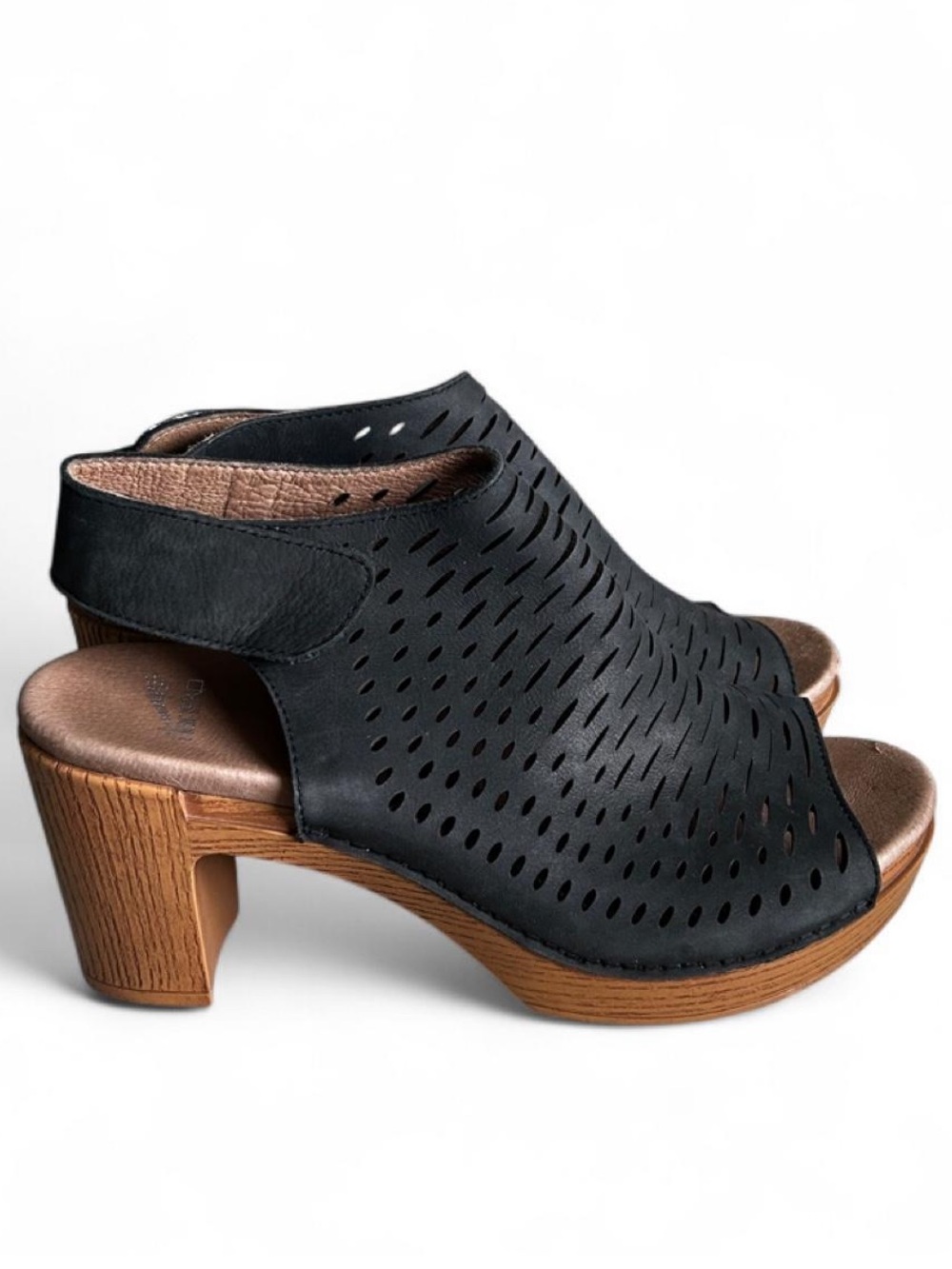 DANSKO Danae Size 9.5 Black perforated leather upper Wooden block heel Sandals